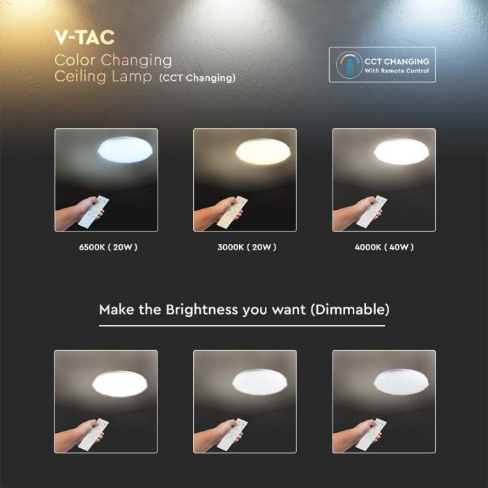40W(4000Lm) LED V-TAC design rund kupolarmatur med fjärrkontroll, IP20, vit, dimbar, 3/1