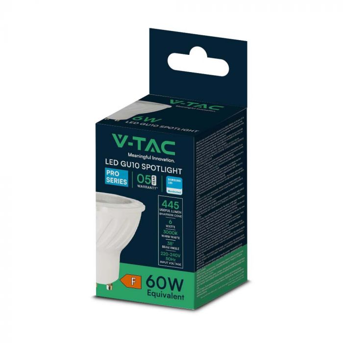 GU10 6W(445Lm) LED Spuldze, V-TAC SAMSUNG, IP20, silti balta gaisma 3000K