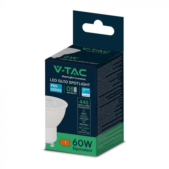 GU10 6W(445Lm) LED-lampa, V-TAC SAMSUNG, 5 års garanti, IP20, kallvit 6500K