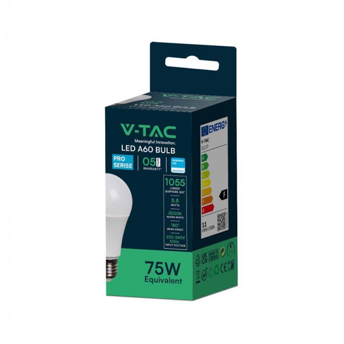 10.5W (1055Lm) LED-lambi, V-TAC SAMSUNG, A60, IP20, 5 aasta garantii, soe valge valgus 3000K