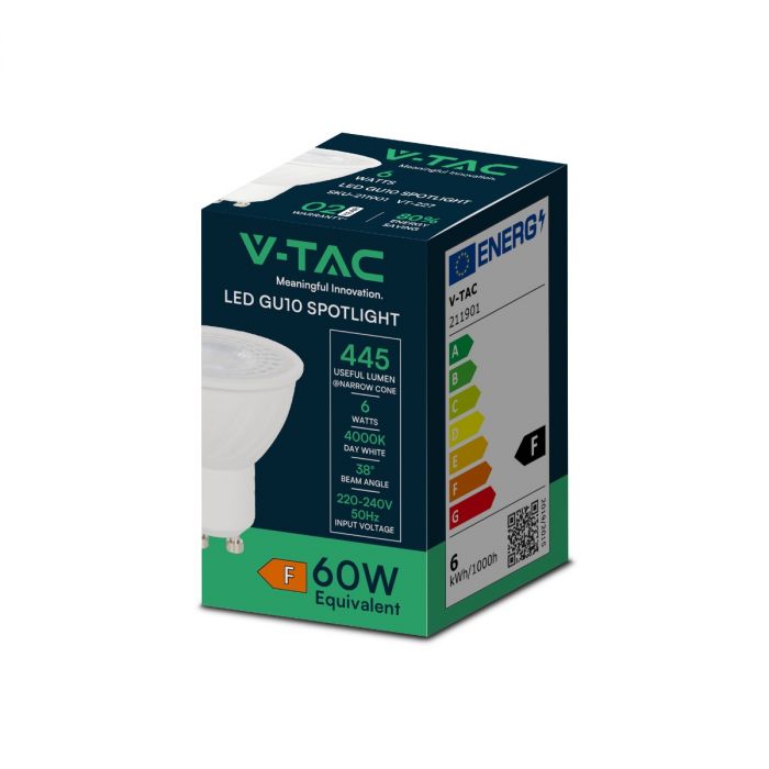 GU10 6W(445Lm) LED Spuldze, V-TAC, IP20, neitrāli balta gaisma 4000K