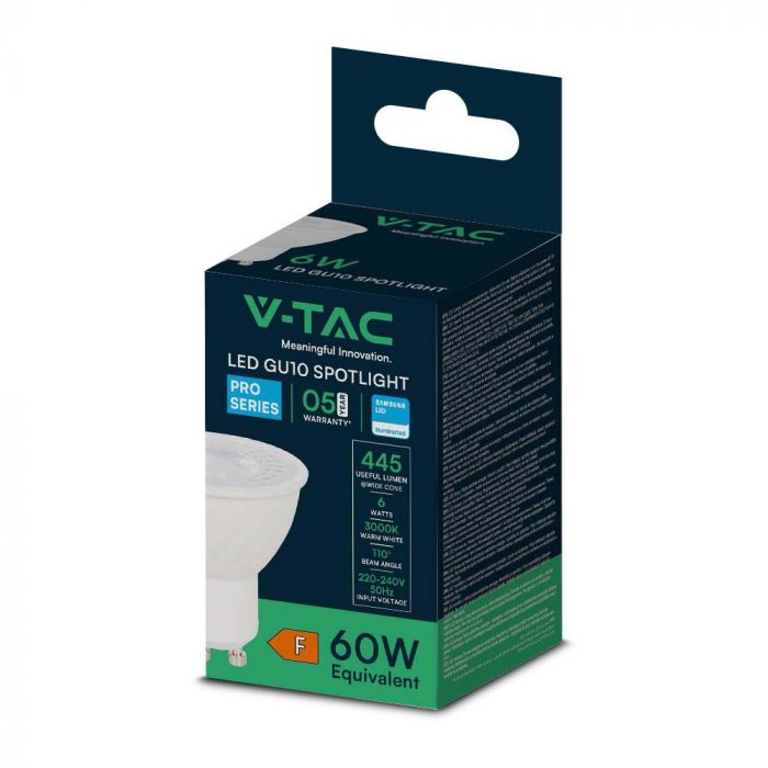 GU10 6W (445Lm) LED-lampa, V-TAC SAMSUNG, IP20, 5 års garanti, 6500K kallvitt ljus