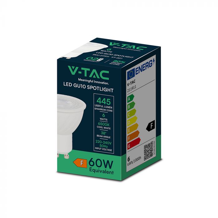GU10 6W(445Lm) LED Spuldze, V-TAC, IP20, auksti balta gaisma 6500K