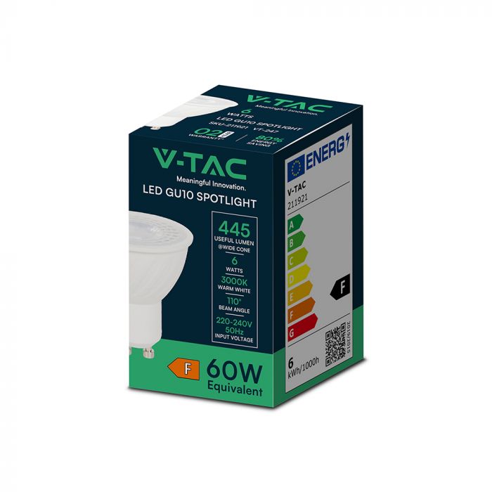 GU10 6W(445Lm) LED Spuldze, V-TAC, IP20, silti balta gaisma 3000K