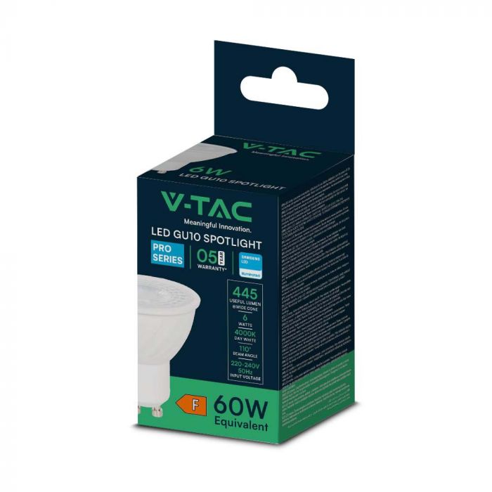 GU10 6W(445Lm) LED-lambi, V-TAC SAMSUNG, IP20, neutraalne valge 4000K