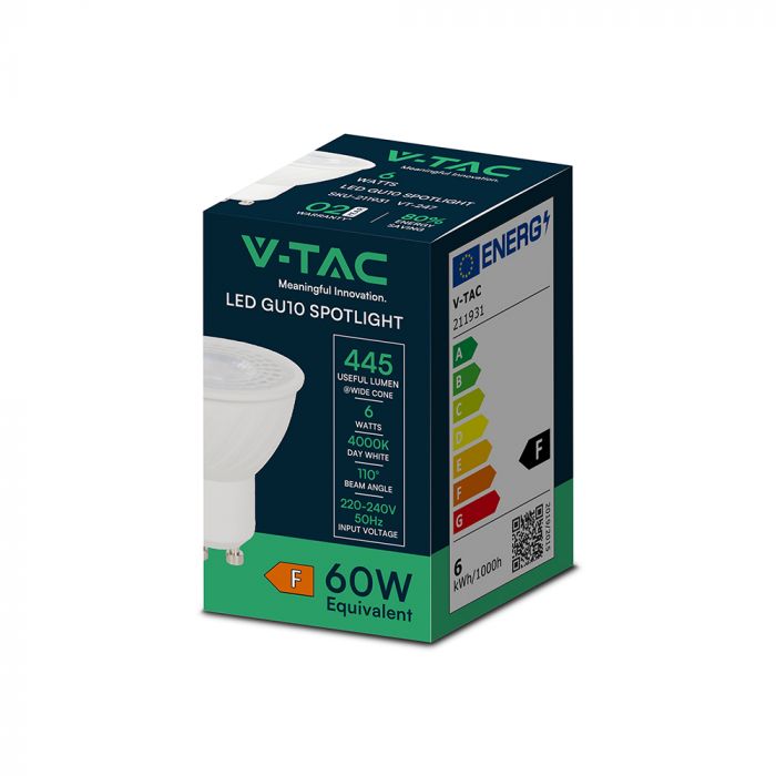 GU10 6W(445Lm) LED Spuldze, V-TAC, IP20, neitrāli balta gaisma 4000K