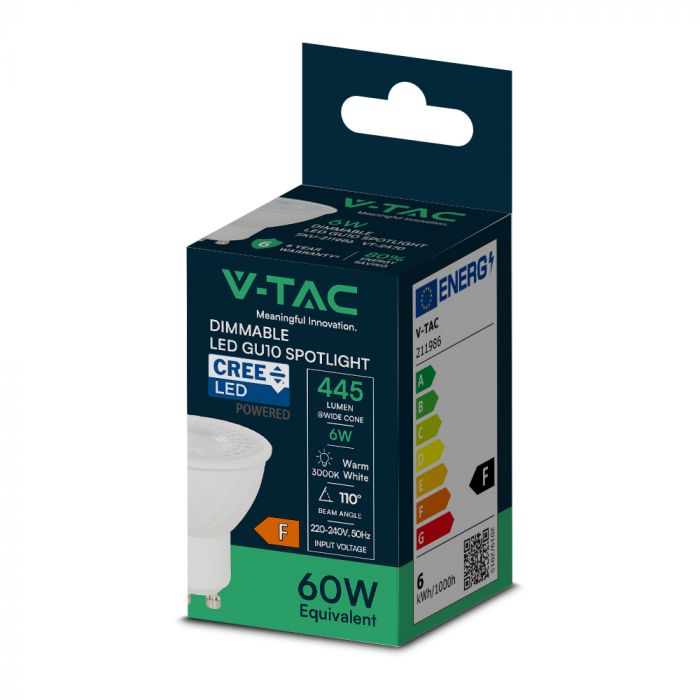 GU10 6W(445Lm) LED spuldze, dimmējama, 38°, V-TAC, CREE LED, IP20, silti balta gaisma 3000K