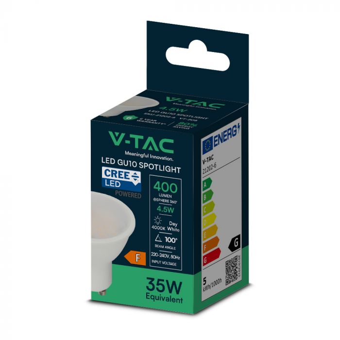 GU10 4.5W(400Lm) LED CREE Spuldze, V-TAC, IP20, neitrāli balta gaisma 4000K