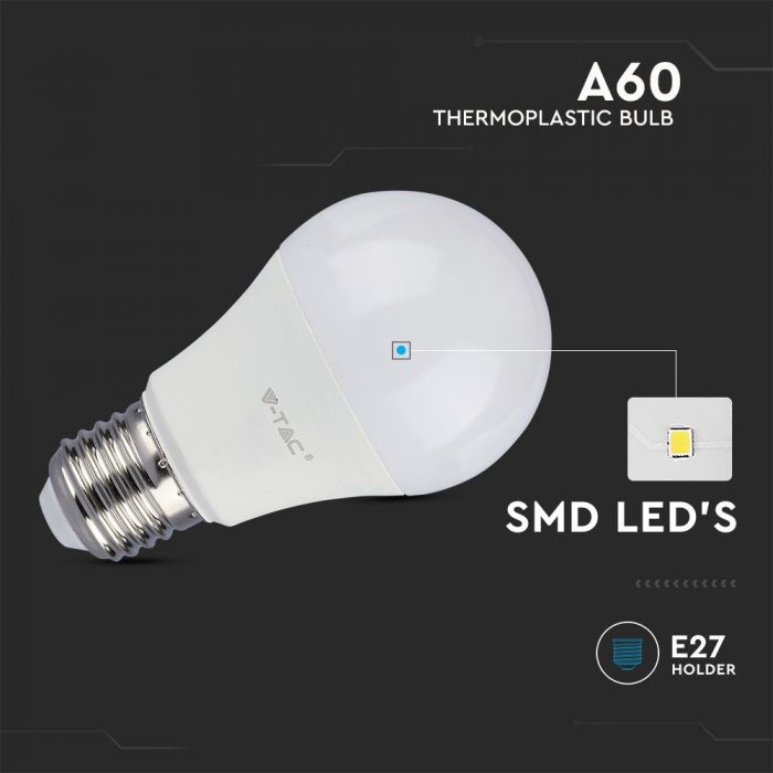 E27 8,5W (806Lm) LED-lampa A60, V-TAC SAMSUNG, IP20, 5 års garanti, 6500K kallvitt ljus