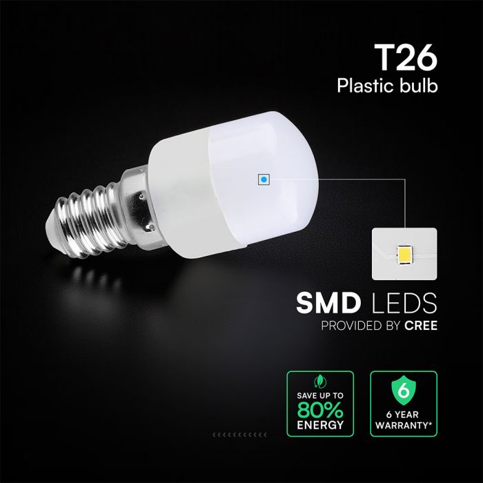 E14 2W(180Lm) LED  SMD-CREE Chip Spuldze, T26, IP20, V-TAC, auksti balta gaisma 6500K
