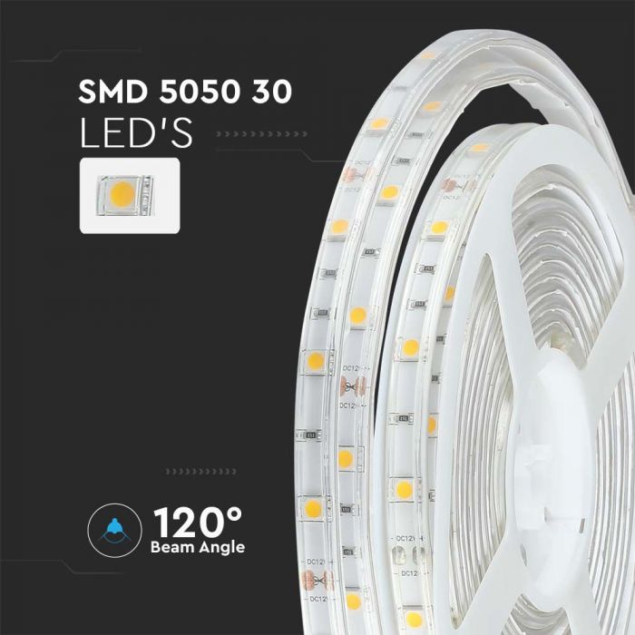 Cena par 5m_4.8W(500Lm) LED Lente, 12V, IP65 ūdensdroša, neitrāli balta gaisma 4000K