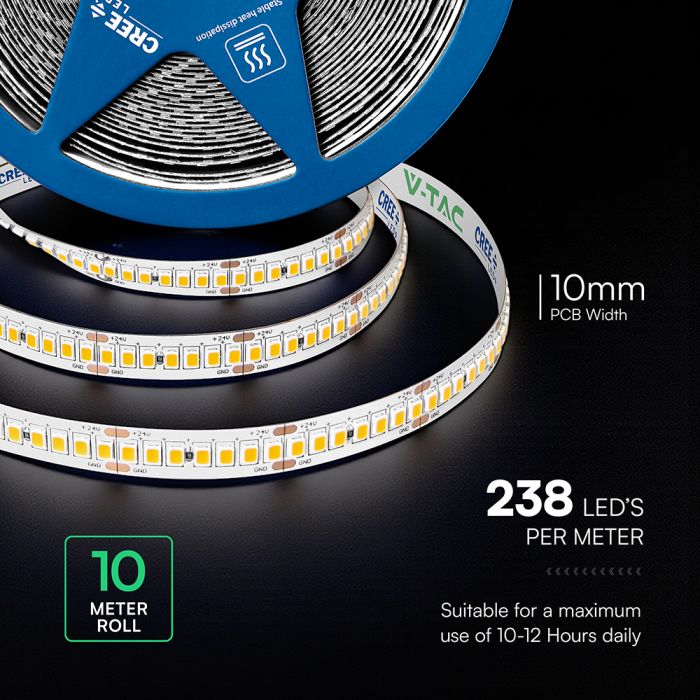 Cena par 1m_18W/m(1950Lm/m) 0.75A/m LED Lente, V-TAC, 10 m,  ūdensnedroša IP20, 24V, auksti balta gaisma 6500K