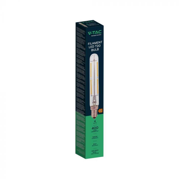 E14 4W(400Lm) LED лампа Filament T20, IP20, V-TAC, стекло, теплый белый свет 3000K