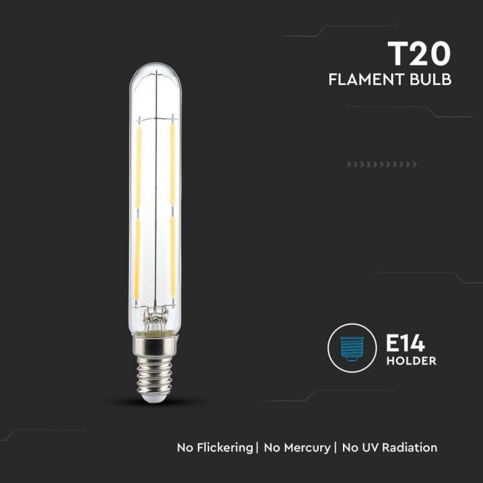 E14 4W(400Lm) LED лампа Filament T20, IP20, V-TAC, стекло, теплый белый свет 3000K