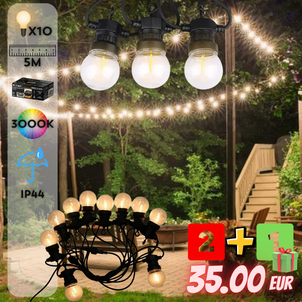 5m 0.4W/bulb(550Lm) LED string, V-TAC, IP44, 270°, warm white light 3000K