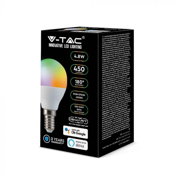 E14 4.8W(450Lm) LED SMART Bulb P45, V-TAC, compatible with Amazon Alexa and Google Home applications, RGB+WW+CW