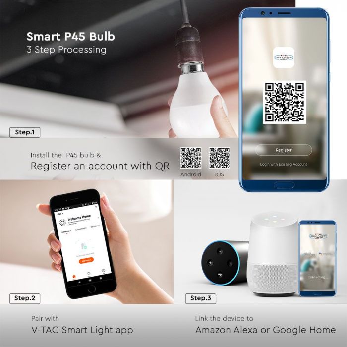 E14 4.8W(450Lm) LED SMART Bulb P45, V-TAC, compatible with Amazon Alexa and Google Home applications, RGB+WW+CW