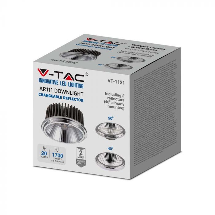 AR111 20W(1700Lm) LED COB лампа, отражатель, V-TAC, IP20, 40'D/20'D, нейтральный белый свет 4000K