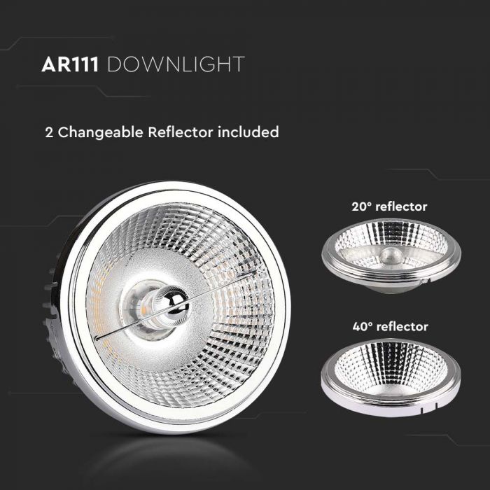 AR111 20W(1700Lm) LED COB лампа, отражатель, V-TAC, IP20, 40'D/20'D, нейтральный белый свет 4000K