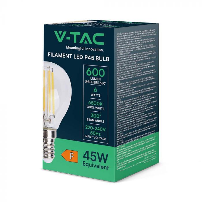 E14 6W(600Lm) LED Spuldze Filament, IP20, P45, auksti balta gaisma 6500K