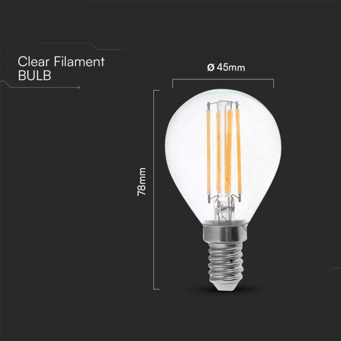 E14 6W(600Lm) LED Spuldze Filament, IP20, P45, auksti balta gaisma 6500K