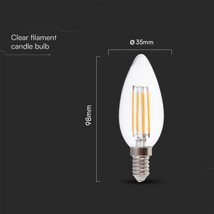 E14 6W(800Lm) LED Bulb Filament candle-shaped, V-TAC, IP20, warm white light 3000K