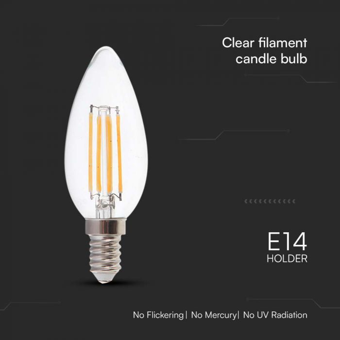 AKCIJA_E14 6W(800Lm) LED Spuldze Filament sveces formas, V-TAC, IP20, silti balta gasma 3000K