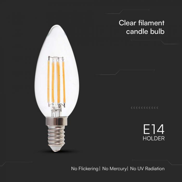 E14 6W(800Lm) LED-lampa med ljusformad glödtråd, V-TAC, IP20, varmvit 3000K