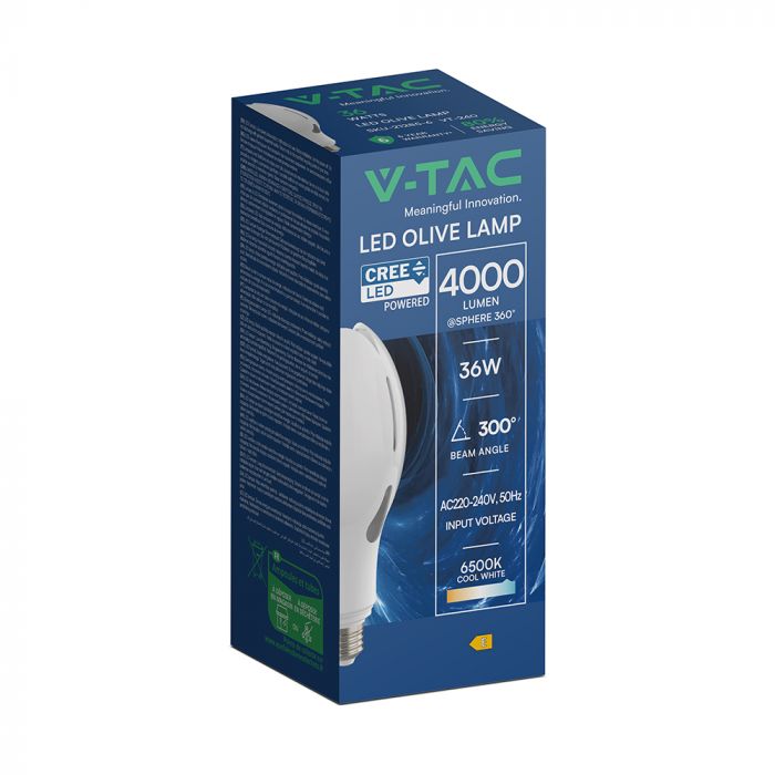 36W(4000Lm) LED olīvas formas spuldze, V-TAC VT-240, SMD-CREE, 111Lm/W, IP20, balta, E27, 90x220mm, 300°, 6 gadu garantija, auksti balta gaisma 6500K