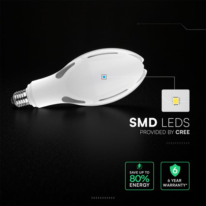 36W(4000Lm) LED olīvas formas spuldze, V-TAC VT-240, SMD-CREE, 111Lm/W, IP20, balta, E27, 90x220mm, 300°, 6 gadu garantija, auksti balta gaisma 6500K