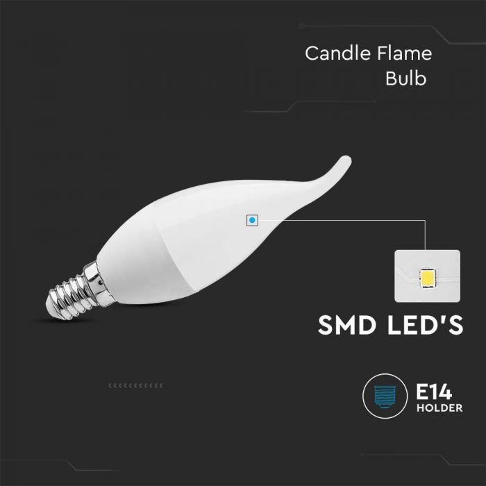 E14 3.7W(320Lm) LED Spuldze, sveces liesmas forma, V-TAC, IP20, silti balta gaisma 3000K