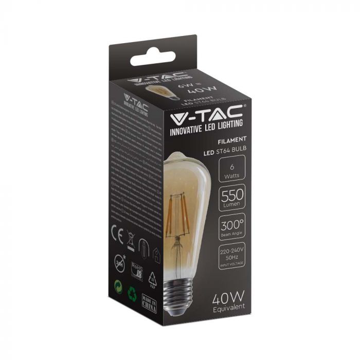 E27 6W(550Lm) LED Bulb Filament Amber, V-TAC, glass, ST64, IP20, warm white light 2200K