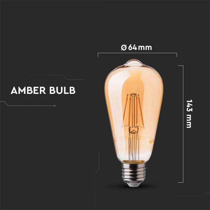 E27 6W(550Lm) LED Bulb Filament Amber, V-TAC, glass, ST64, IP20, warm white light 2200K