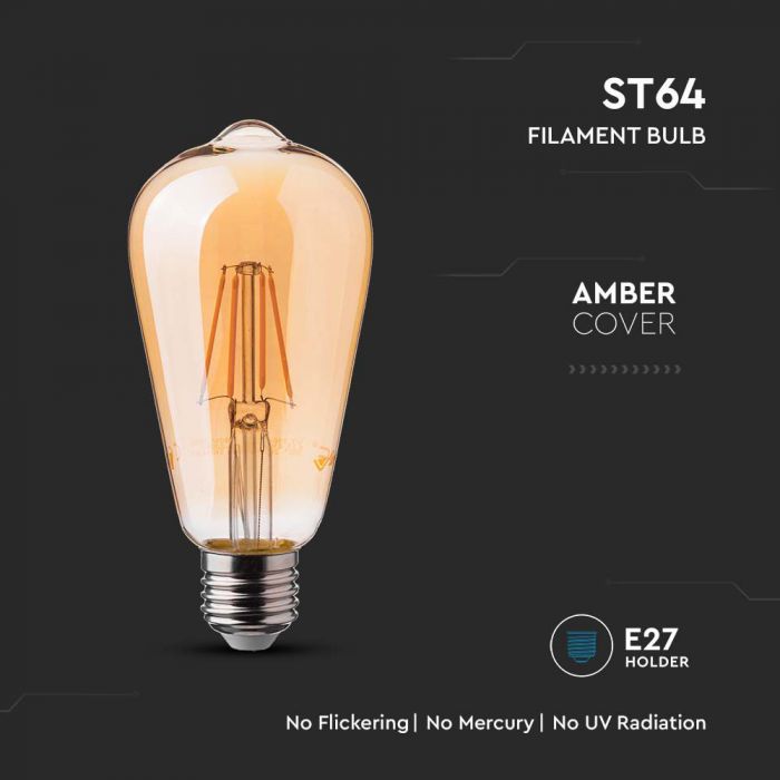 E27 6W(550Lm) LED Bulb Filament Amber, V-TAC, glass, ST64, IP20, warm white light 2200K