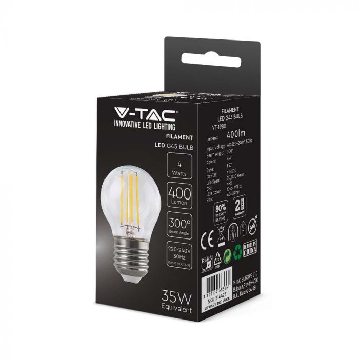E27 4W(400Lm) LED-lampa Filament, glas, G45, V-TAC, IP20, kallvitt ljus 6500K
