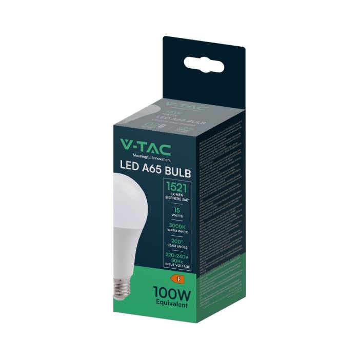 E27 15W(1521Lm) LED Bulb, V-TAC, IP20, A65, warm white light 3000K