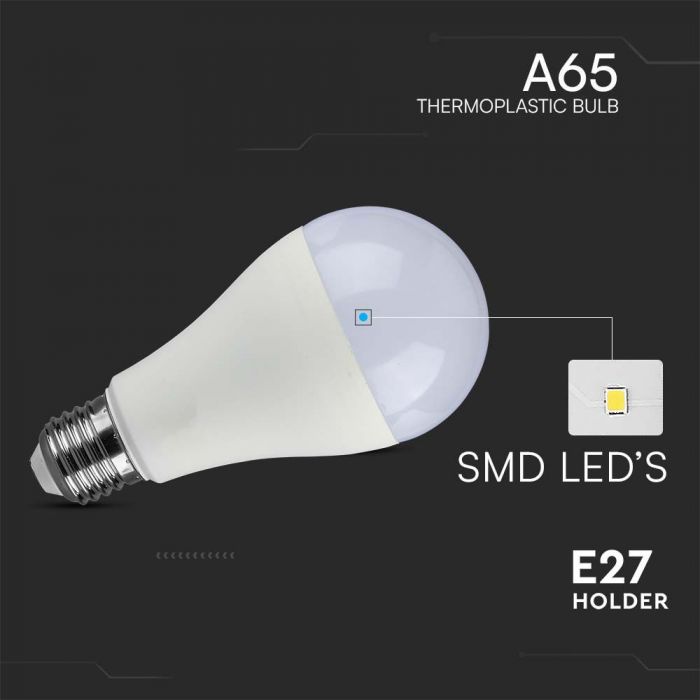 E27 15W(1521Lm) LED Bulb, V-TAC, IP20, A65, warm white light 3000K
