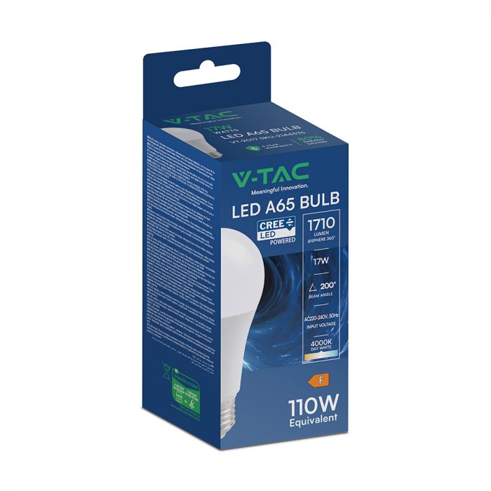 E27 17W (1710 lm) LED Bulb, V-TAC, A65, IP20, Neutral White Light 4000K