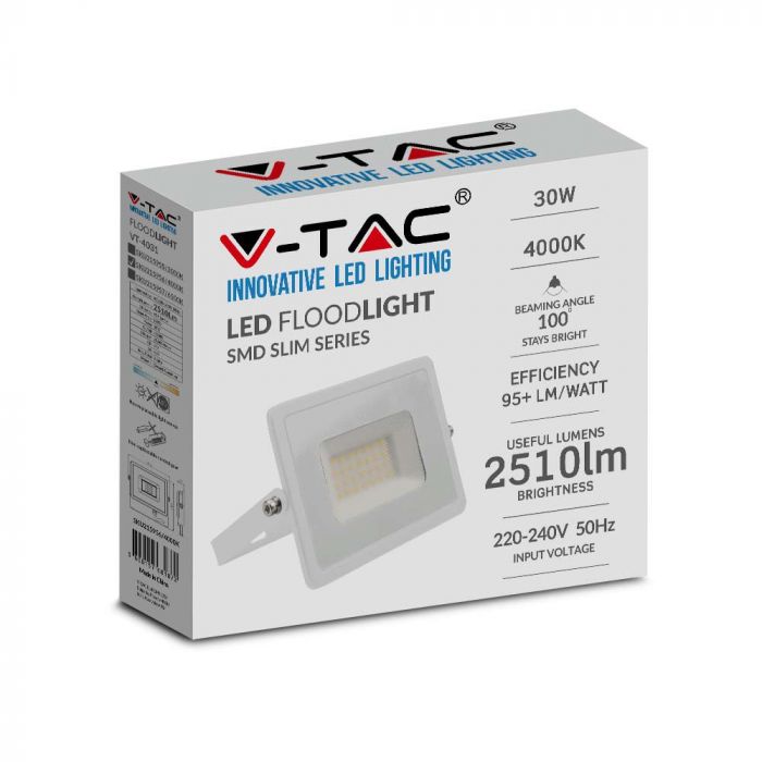 30W(2510Lm) LED prožektors bez kustību sensora, E-sērija G2, V-TAC, IP65, balts, neitrāli balta gaisma 4000K