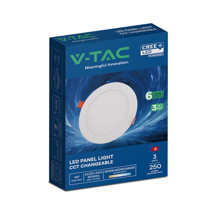 3W(250Lm) V-TAC LED mini panelis, VT-307CCT, Ø84mm, CREE, 3IN1, IP20