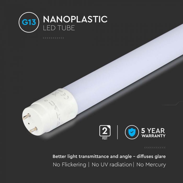 T8 9W(850Lm) 60cm LED V-TAC SAMSUNG NANO lamp, G13, 5 aastat garantiid, IP20, soe valge 3000K
