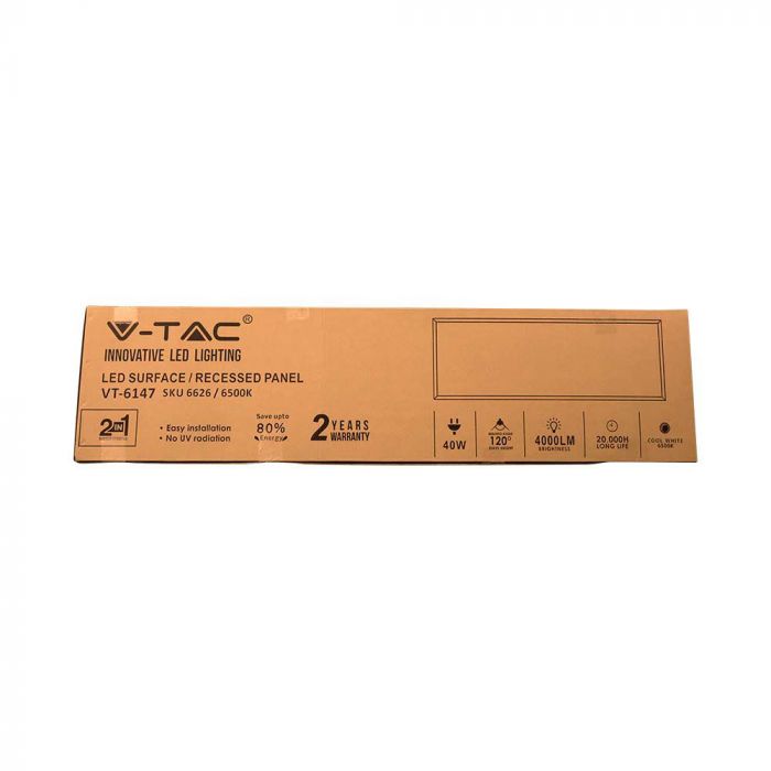 40W (4400Lm) LED paneel 1200x300mm, V-TAC, IP20, neutraalne valge valgus 4000K, tarnitakse koos toiteplokiga.