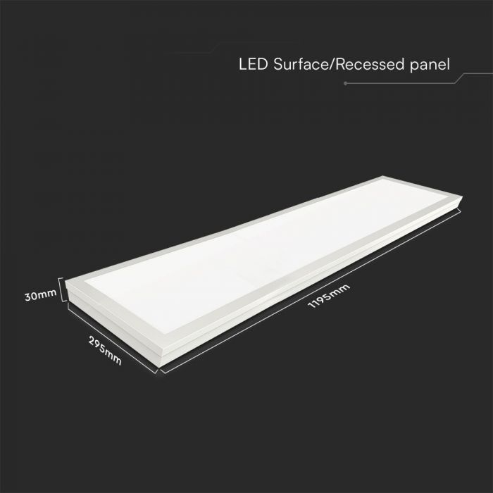 40W(4400Lm) LED Panelis 1200x300mm, V-TAC, IP20, neitrāli balta gaisma 4000K, komplektā ar barošanās bloku