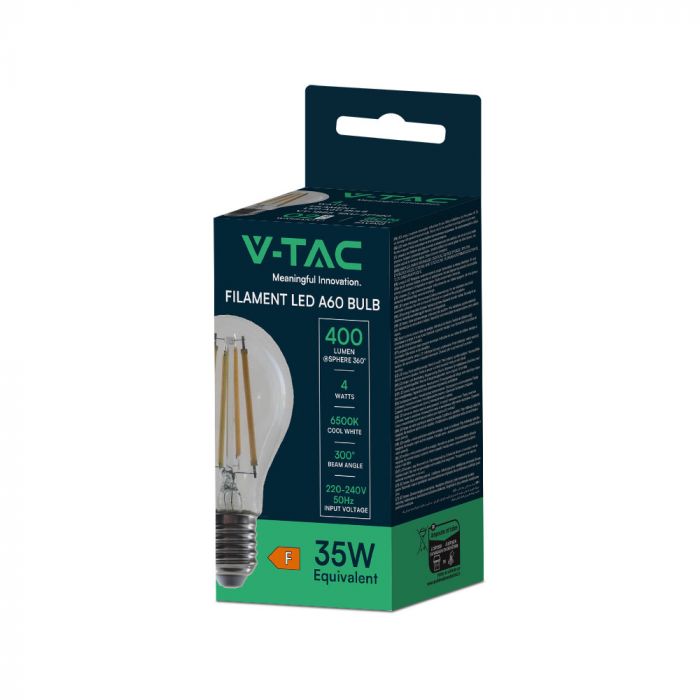 E27 4W(400Lm) LED-lampa Filament, V-TAC, IP20, kallvitt ljus 6500K