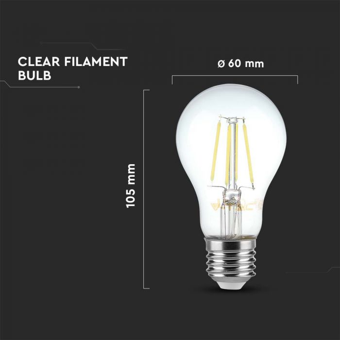 E27 4W(400Lm) LED-lampa Filament, V-TAC, IP20, kallvitt ljus 6500K