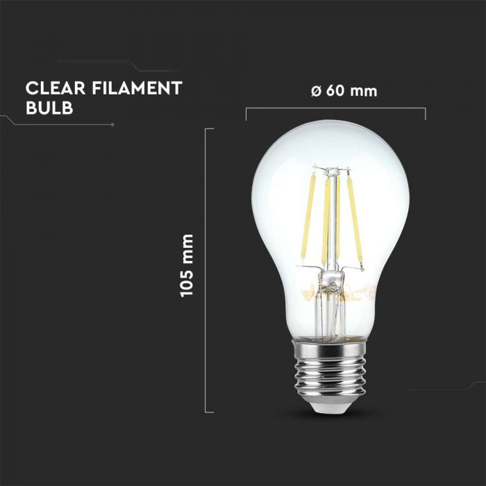 E27 4W(400Lm) LED Spuldze Filament, V-TAC, IP20, auksti balta gaisma 6500K