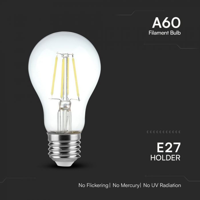 E27 4W(400Lm) LED Spuldze Filament, V-TAC, IP20, auksti balta gaisma 6500K