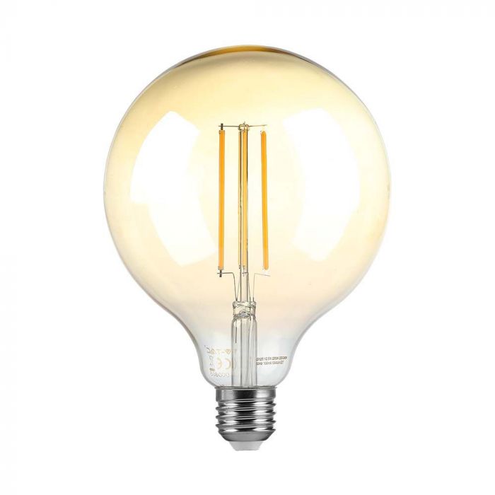 E27 8W(700Lm) LED Spuldze Filament Amber, stikla, G125, V-TAC, IP20, silti balta gaisma 2200K