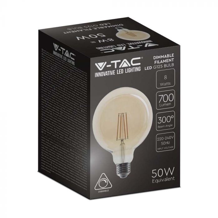 E27 8W(700Lm) LED Spuldze Filament Amber, stikla, G125, V-TAC, IP20, silti balta gaisma 2200K