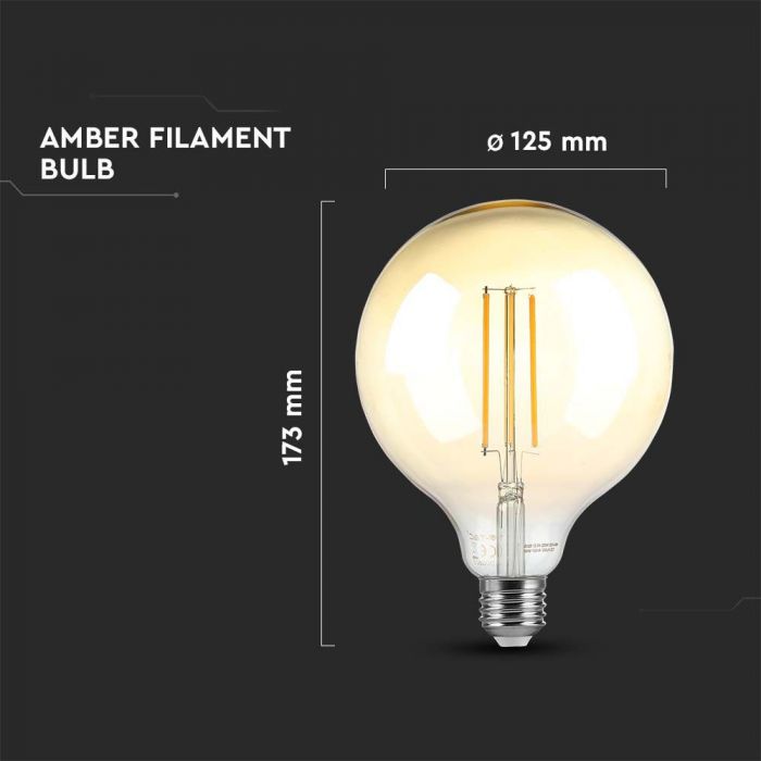 E27 8W(700Lm) LED Spuldze Filament Amber, stikla, G125, V-TAC, IP20, silti balta gaisma 2200K